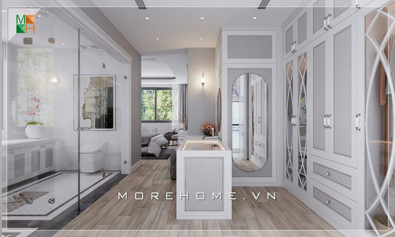 Morehome giới thiệu một mẫu phòng ngủ có phong cách tân cổ điển, với phòng thay đồ ở trung tâm giúp nối không gian phòng ngủ và phòng tắm, tối ưu hóa diện tích sử dụng và cung cấp sự tiện nghi cho cuộc sống hàng ngày.