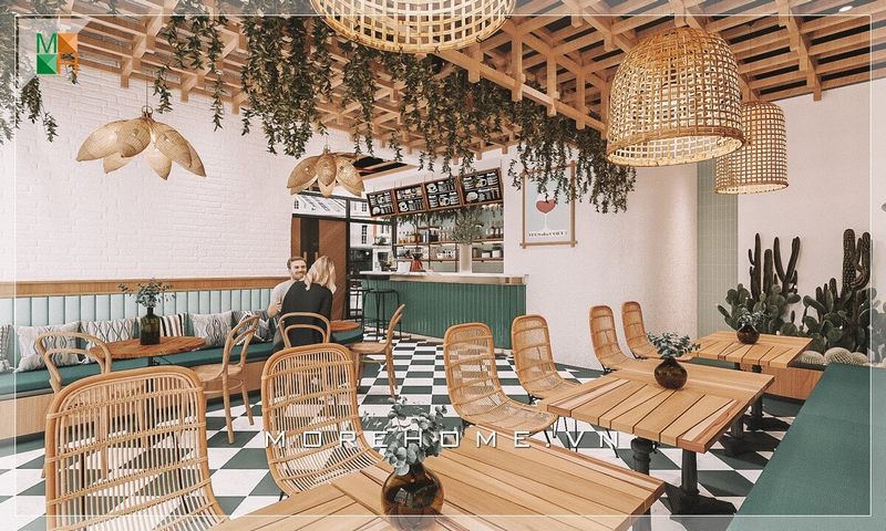 Quán cafe được thiết kế bằng chất liệu gỗ kết hợp với mây tre đan để tạo ra sự mộc mạc cho không gian.