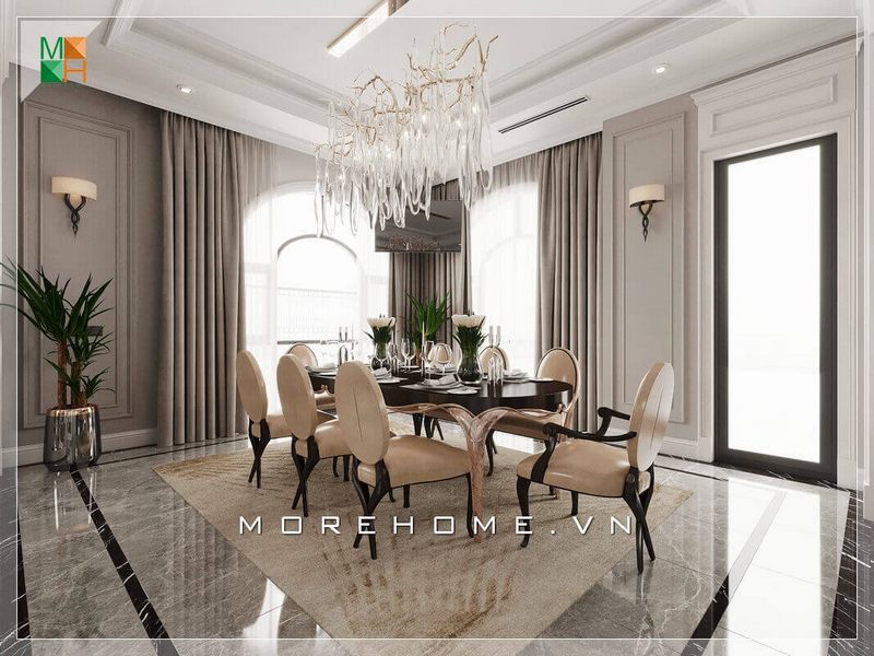 Thiết kế nội thất của phòng ăn biệt thự làm cho không gian trở nên lộng lẫy và sang trọng bởi bộ bàn ghế đứng 8 ghế, sofa bọc da khung và chân gỗ óc chó đẹp mắt.