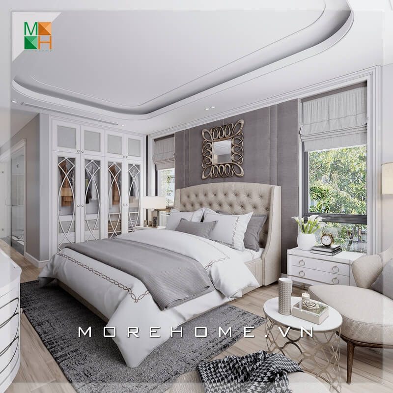 Mẫu thiết kế nội thất phòng ngủ có phong cách tân cổ điển sang trọng và đẳng cấp, phù hợp với biệt thự và các căn hộ cao cấp.